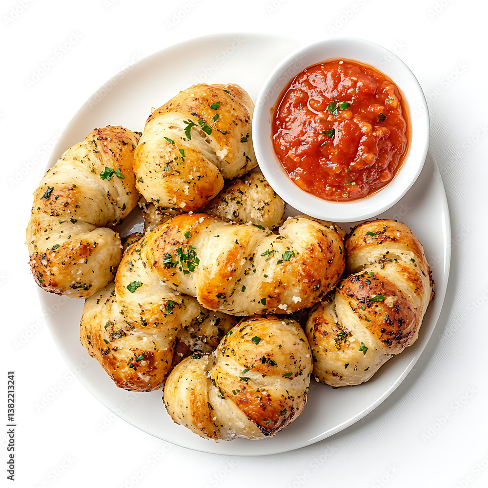 Garlic Knots with Marinara Sauce Freshly Baked Bread Bites with Delicious Tomato Dip on White Plate Garlic Knots with Marinara Sauce Freshly Baked Bread Bites with Delicious Tomato Dip on White Plate