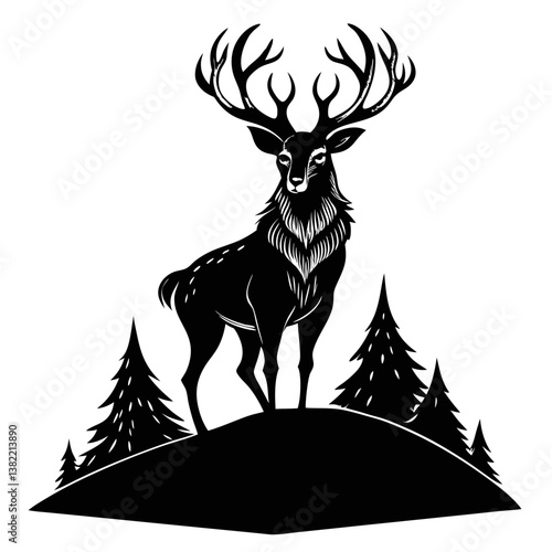 Majestic stag with antlers held high, standing proudly atop a verdant hill, bathed in soft sunlight.