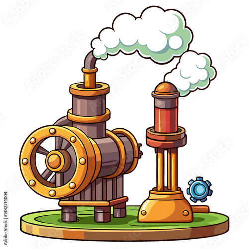 Close-up of a steam pipe's pressure relief valve actively releasing steam; showing details of valve mechanism and escaping steam.