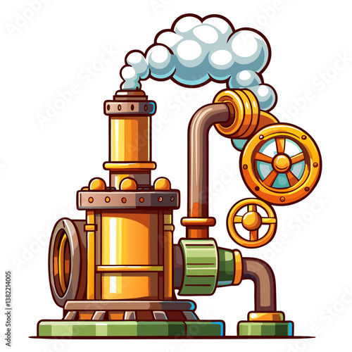 A close-up shot of a steam pipe's pressure relief valve releasing steam; focus on the valve mechanism and escaping steam.