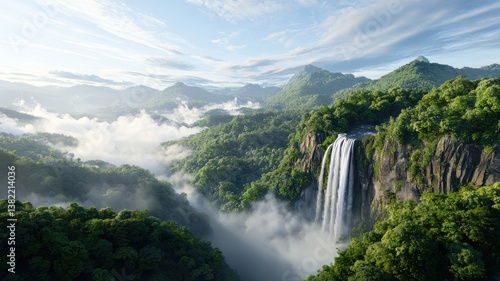 Breathtaking waterfall cascading through lush green mountains under a clear blue sky.
