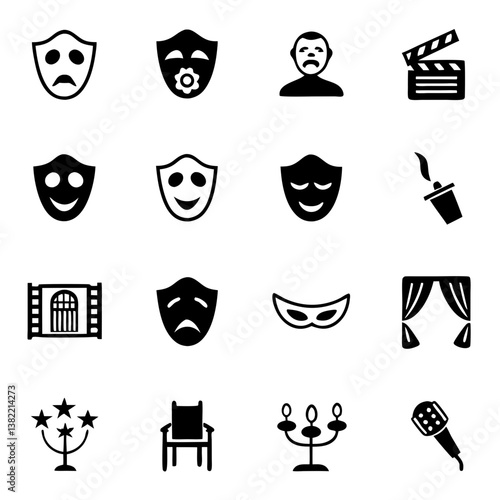 Design a minimalist icon of a theatrical mask, symbolizing both comedy and tragedy, representing drama and performance art.