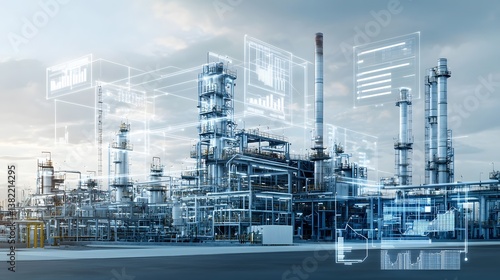 A modern highly automated industrial plant with a digital twin system that integrates real time data feeds to optimize production efficiency and environmental monitoring