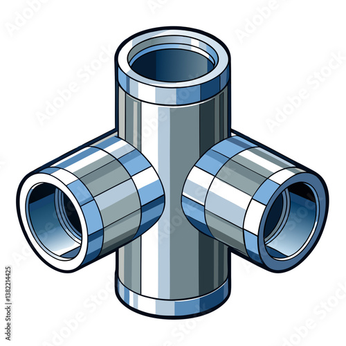 Highly detailed close-up of a metallic T-joint pipe fitting, showcasing three distinct openings and an 'S' marking, possibly indicating size or material.