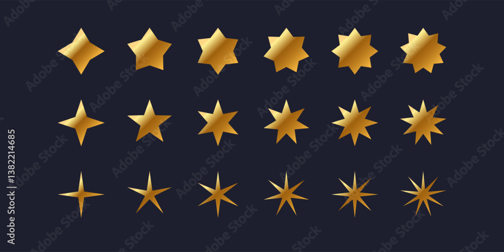 A set of geometric elements represents stars of various shapes. Simple geometric shapes for design. The figures are in gold color. A set of geometric elements represents stars of various shapes. Simple geometric shapes for design. The figures are in gold color.