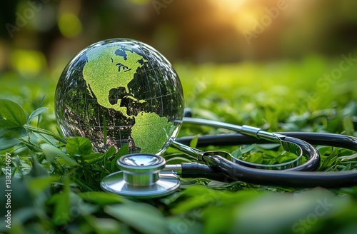 Glass globe with stethoscope in green nature	