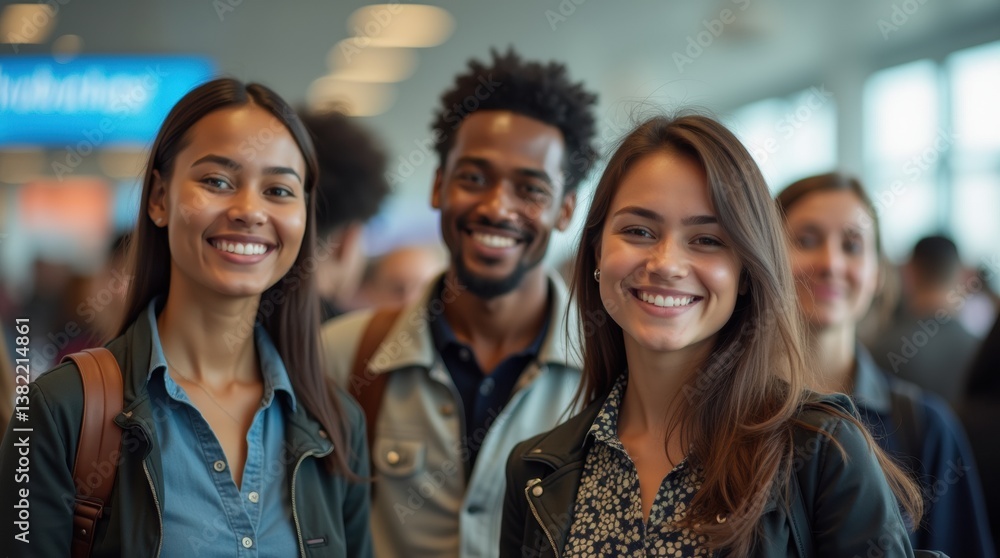 Fototapeta premium diverse group of individuals at an airport, symbolizing the journey of immigration