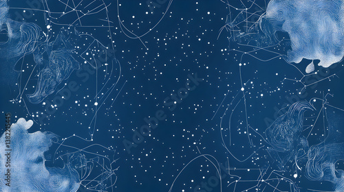 Abstract celestial map background resembling cyanotype print, dark blue with white stars, constellations, and cloud-like formations