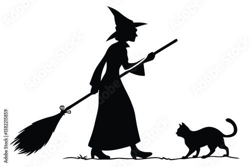Cartoon witch silhouette, hat donned, broom aloft, smiles beside her black cat and pumpkin, a fun Halloween vector
