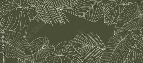 Tropical leaves background vector. Natural jungle monstera palm leaves design in minimal pale green color with contour line art. Design for fabric, print, cover, banner, decoration, wallpaper.