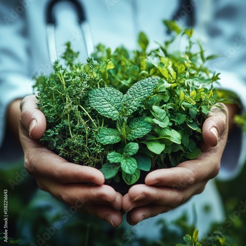 Medic holding fresh healing herbs in garden	