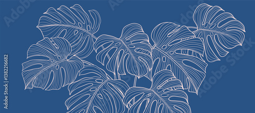 Tropical leaves background vector. Natural jungle monstera palm leaves design in minimal blue color with contour pink line art. Design for fabric, print, cover, banner, decoration, wallpaper.