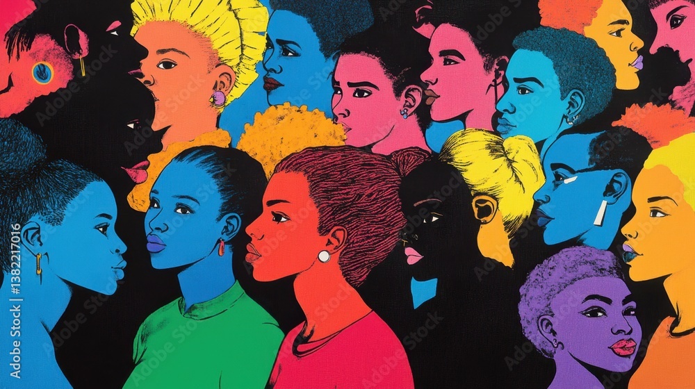 Fototapeta premium Colorful pop art illustration of diverse women 
