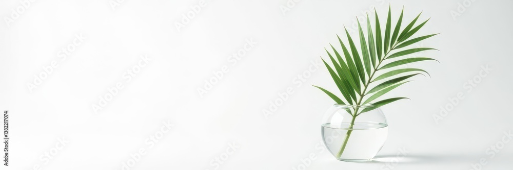 Fototapeta premium Single palm frond in round glass vase, isolated white background, vase, isolated