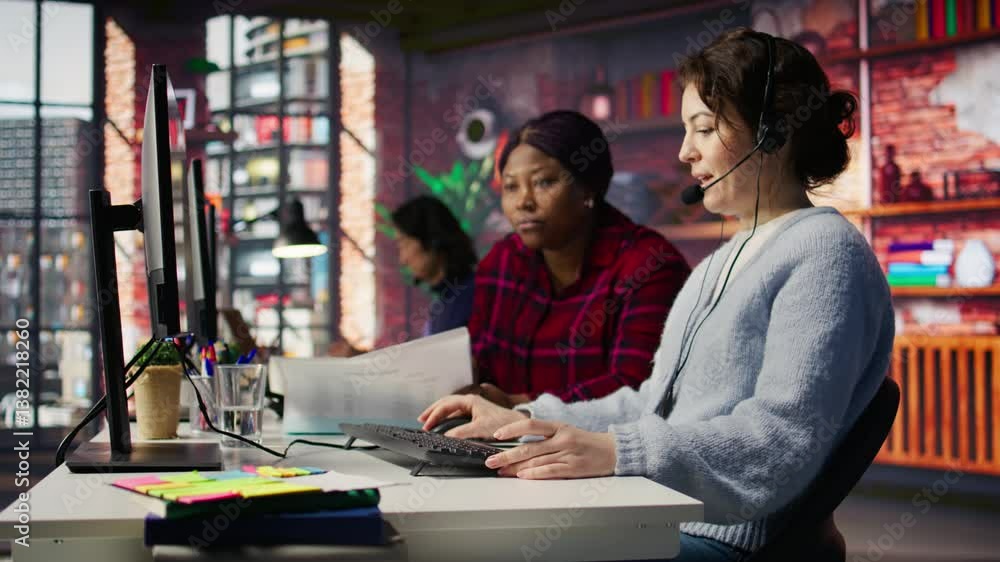 Call center team leader going over paperwork files next to colleague at PC desk. Customer support manager explaining company documentation to intern accommodating with job, camera B Call center team leader going over paperwork files next to colleague at PC desk. Customer support manager explaining company documentation to intern accommodating with job, camera B