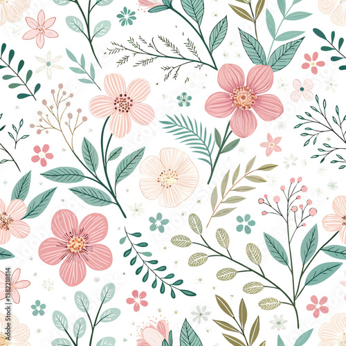 Wallpaper Mural seamless flower pattern, pattern, background, flower, flower background, pattern design, Line geometric seamless pattern. raster copy illustration. Ethnic floral ornament. For interior design, 
 Torontodigital.ca