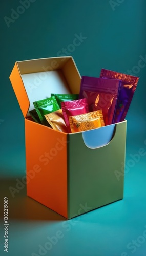 Open box of nicotine pouches, various colors visible, product photography, portion, small