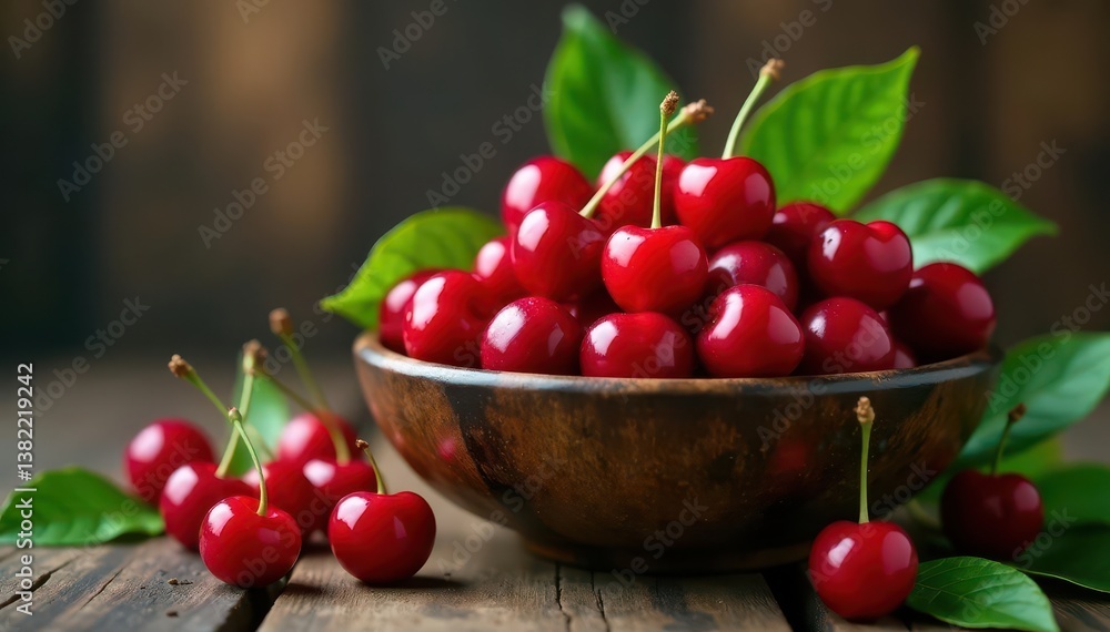 A rustic bowl overflowing with bright red cherries and lush green leaves , composition, background, cherry A rustic bowl overflowing with bright red cherries and lush green leaves , composition, background, cherry