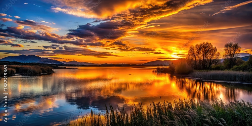 Obraz premium Stunning Amur River sunset photography showcases wildlife, landscapes, and natural beauty in silhouette.