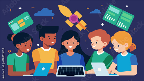 A group of students crowded around a laptop using coding language to program their model satellite for their space exploration project.. Vector illustration