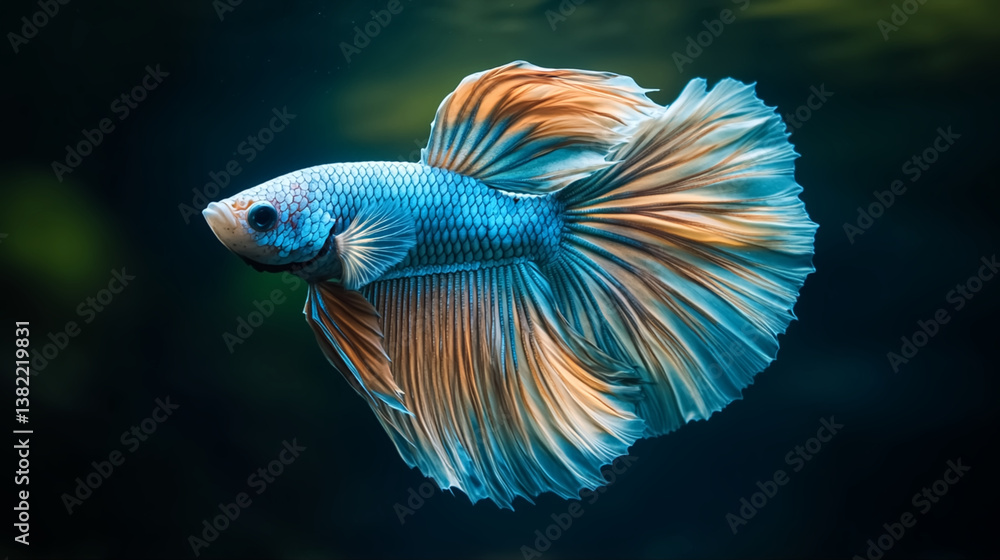 A fantasy-style of a Thai fighting fish glowing with bioluminescent colors in deep waters. A fantasy-style of a Thai fighting fish glowing with bioluminescent colors in deep waters.