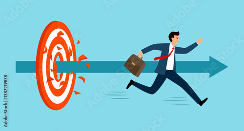 Businessman running and breaking target archery to successful vector. Businessman leader rushing on the arrow to the target, business concept goal and success.