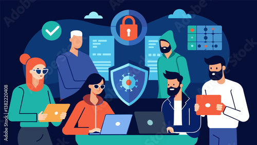 A group of cyber security experts utilize encryptionbreaking techniques to access and analyze data from a hacked system.. Vector illustration