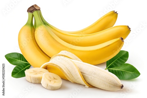 Fresh Yellow Bananas with Slices and Green Leaves on White Background