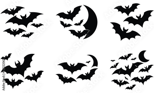Bats flying at night silhouette black vector art design set 