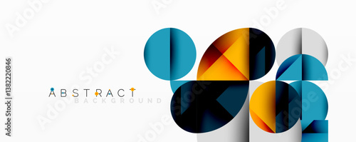 Geometric shapes overlap creating vibrant composition. Circles, triangles, squares form modern design. Bright colors contrast against white background.