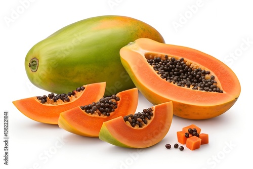 Fresh Green and Orange Papaya Fruit with Slices and Seeds on White Background