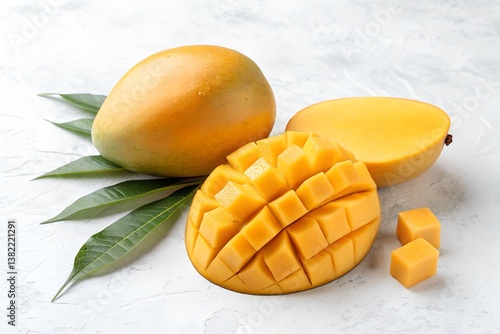 Fresh Ripe Mangoes with Green Leaves on White Background