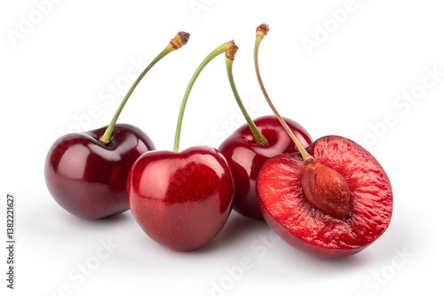 Plump shiny cherries with stems and a sliced half revealing juicy red interior, isolated on a white background
