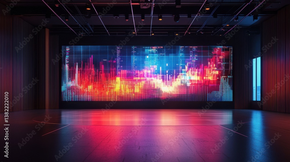 A modern, high-tech room featuring a large digital screen displaying colorful data visualizations, illuminated by vibrant lighting. A modern, high-tech room featuring a large digital screen displaying colorful data visualizations, illuminated by vibrant lighting.