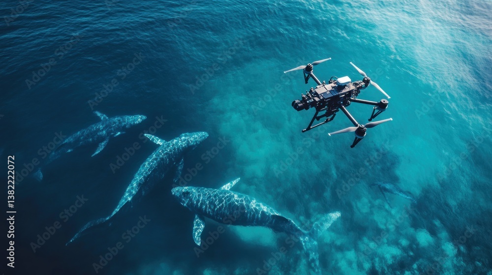 Fototapeta premium Aerial exploration: Drone surveying a pod of whales in the turquoise ocean