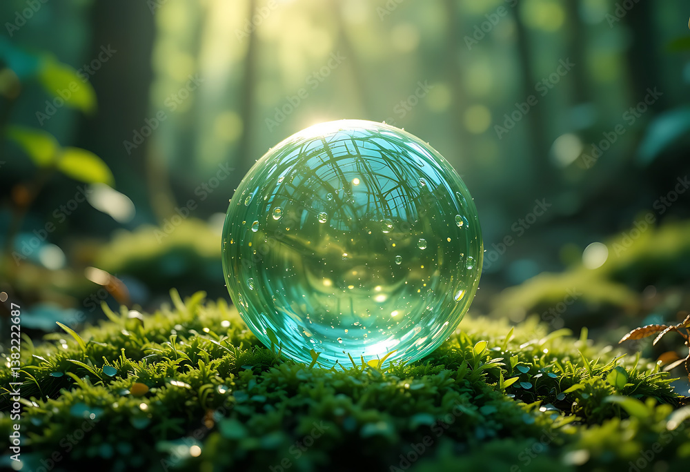 A beautiful, clear crystal ball rests on a bed of moss and grass in a serene forest. A beautiful, clear crystal ball rests on a bed of moss and grass in a serene forest.