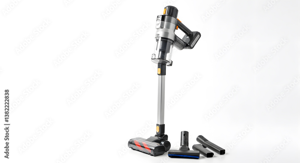 Sleek Cordless Vacuum Cleaner with Attachments on White Background Sleek Cordless Vacuum Cleaner with Attachments on White Background