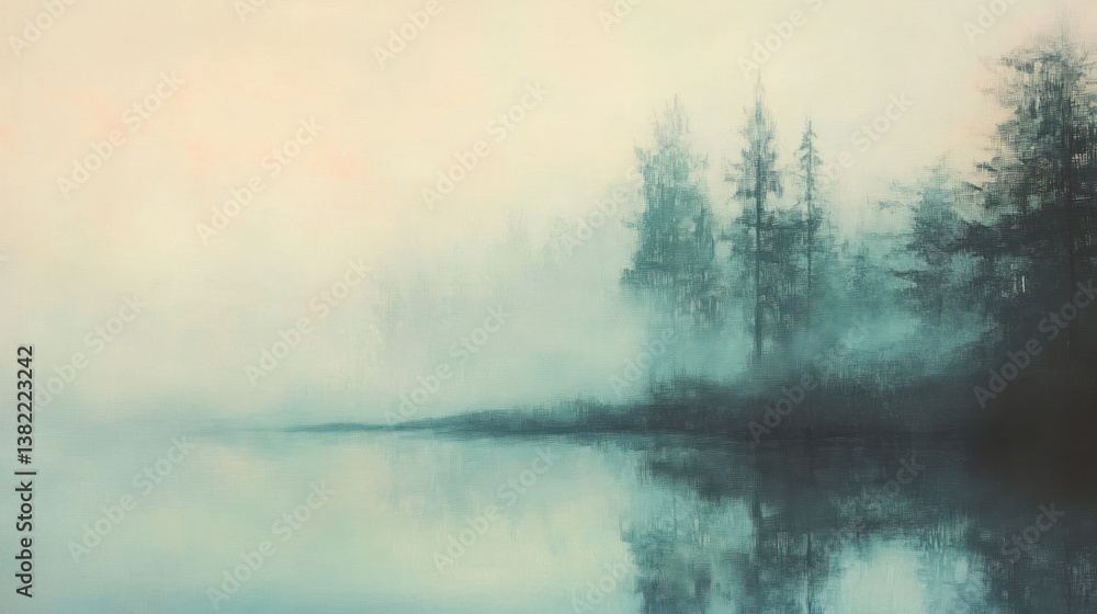 Serene lakeside vista with misty atmosphere and tranquil reflections of towering trees Serene lakeside vista with misty atmosphere and tranquil reflections of towering trees