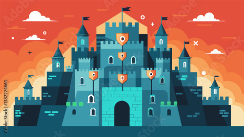 A massive fortress made of ones and zeroes guarded by a maze of intricate encryption mechanisms.. Vector illustration