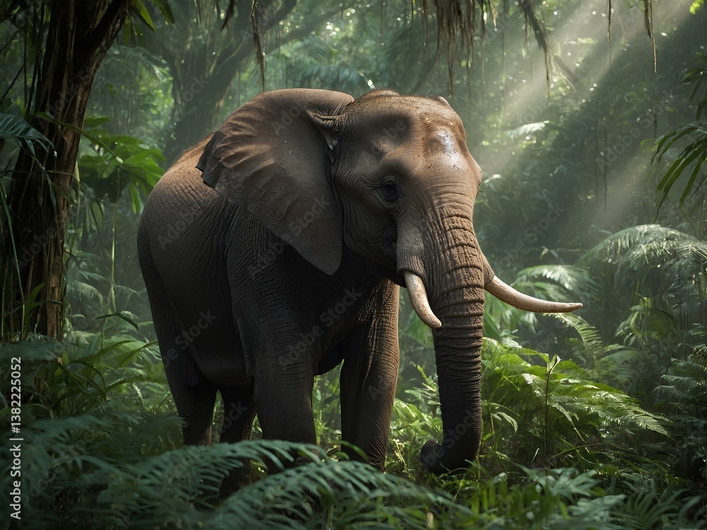 Fototapeta premium Elephant Amidst Ferns and Sunlight