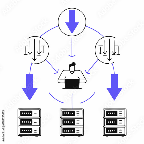 DDoS Attack: A network overwhelmed by traffic, representing a Distributed Denial of Service attack. Best for educating on DDoS protection.