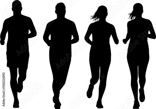 Running men and women, isolated vector silhouettes. Run, front view. Silhouettes of athletic looking male and female runners running. EPS 10 version.