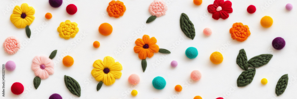 vibrant pattern featuring embroidered flowers and colorful pom poms white background, creating cheerful and artistic display. intricate details and bright colors evoke sense of joy and creativity vibrant pattern featuring embroidered flowers and colorful pom poms white background, creating cheerful and artistic display. intricate details and bright colors evoke sense of joy and creativity