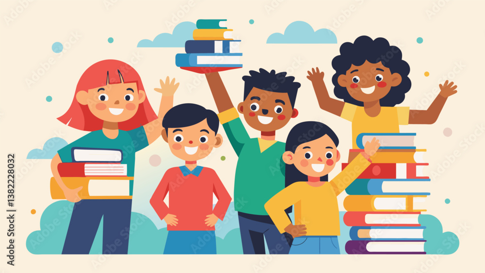 A group of siblings beam with pride as they return a mountain of books to the library each eager to share which story was their favorite.. Vector illustration A group of siblings beam with pride as they return a mountain of books to the library each eager to share which story was their favorite.. Vector illustration