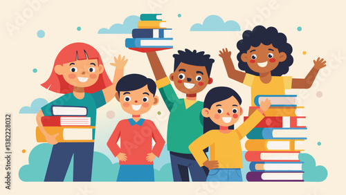 A group of siblings beam with pride as they return a mountain of books to the library each eager to share which story was their favorite.. Vector illustration