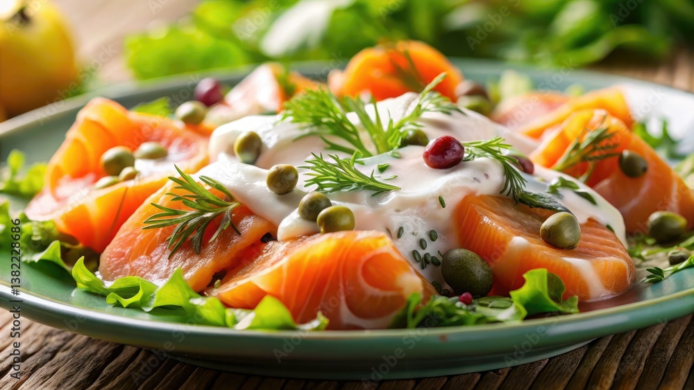 Tilt-shift photography showcases a mouthwatering smoked salmon salad recipe; creamy perfection awaits. Tilt-shift photography showcases a mouthwatering smoked salmon salad recipe; creamy perfection awaits.