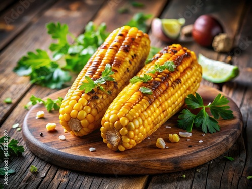 Tilt-shift photography transforms grilled corn into a charming miniature summer feast.