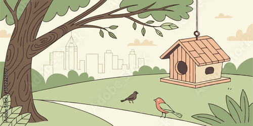 Hanging outdoor bird wooden house for feeding in public city park. Urban natural ecosystem, keep birds care.

