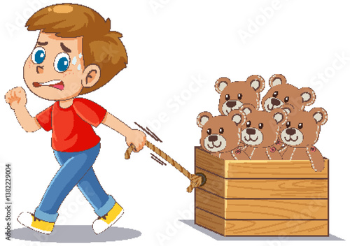 Child Pulling Box of Teddy Bears Illustration