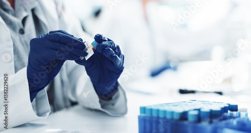 Canvastavla Scientist, hands and gloves with blood sample or label for DNA test, exam or medical discovery at laboratory